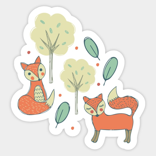 Fox friends in the forest Sticker by Jacqueline Hurd